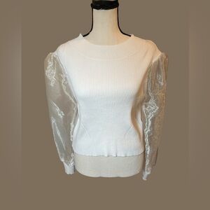 Sweet Republic White Crop Ribbed Sweater with Sheer Ballon Sleeves Size Large.